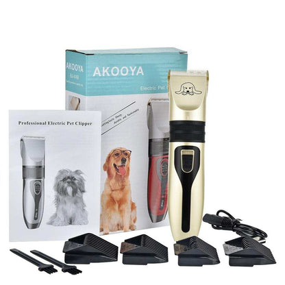 Black and gold pet hair clipper set with detachable blades and comb guides for dogs
