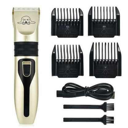 Black and gold pet hair clipper set with detachable blades and comb guides