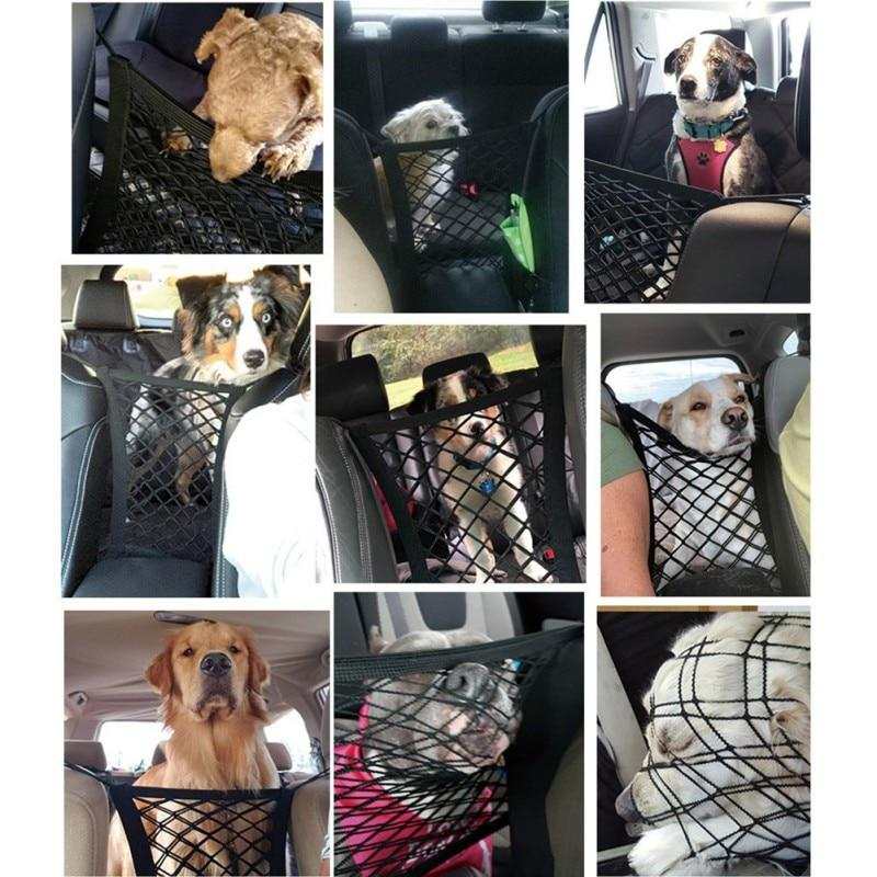 Black premium pet car net petition made of polyester mesh for rear seat safety and storage.