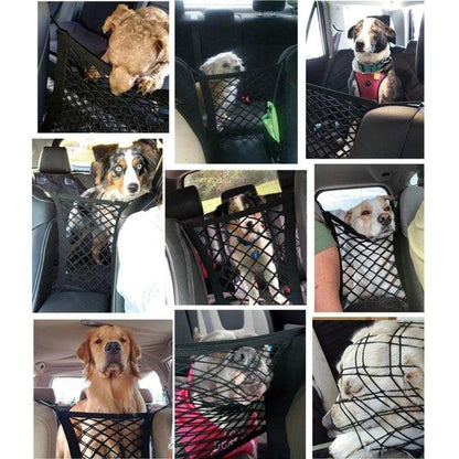 Black premium pet car net petition made of polyester mesh for rear seat safety and storage.
