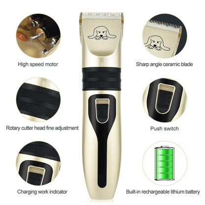 Black and gold pet hair clipper set with detachable ceramic blades and comb guides for dog grooming