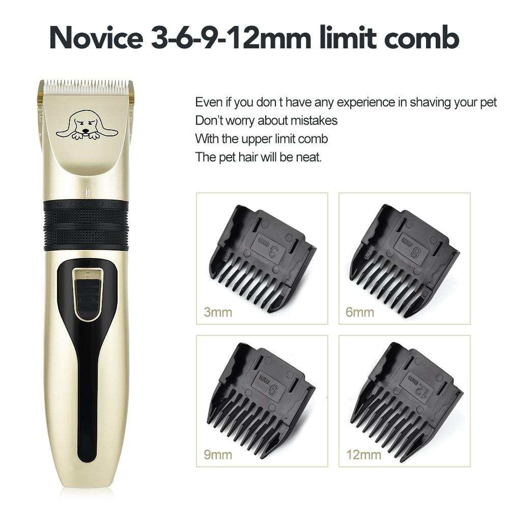 Black and gold pet hair clipper set with detachable blades and comb guides for dog grooming