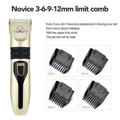 Black and gold pet hair clipper set with detachable blades and comb guides for dog grooming