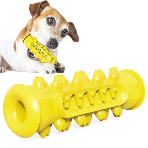 Blue, green, and yellow rubber chewing toy for dogs, 6 inches long and 2 inches diameter, designed for tooth cleaning
