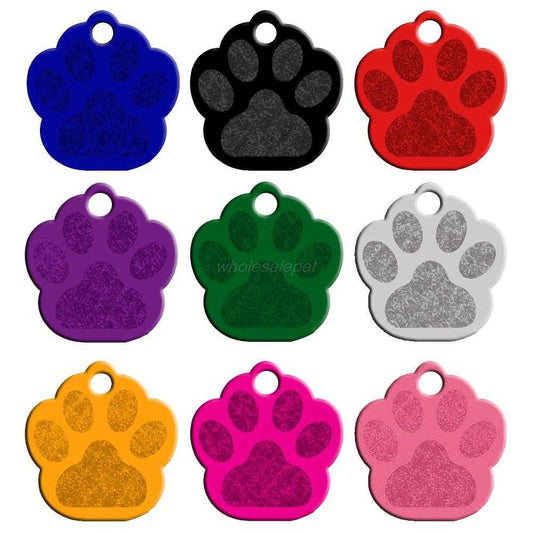 Customizable double-sided paw shape dog name ID tags in multiple colors, made of aluminum for collars and leads
