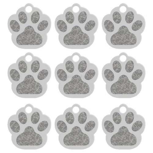 Two-sided aluminum dog name ID tags in paw shape, customizable, available in multiple colors