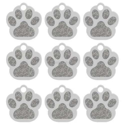Two-sided aluminum dog name ID tags in paw shape, customizable, available in multiple colors