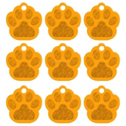 Colorful aluminum dog name ID tags in paw shape, double-sided, customizable for collars