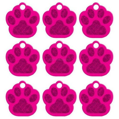 Customizable double-sided paw-shaped aluminum dog name ID tags in multiple colors